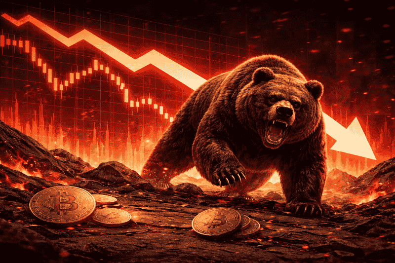 A Roaring Bear Standing Over Bitcoin Coins In Front Of A Falling Red Price Chart