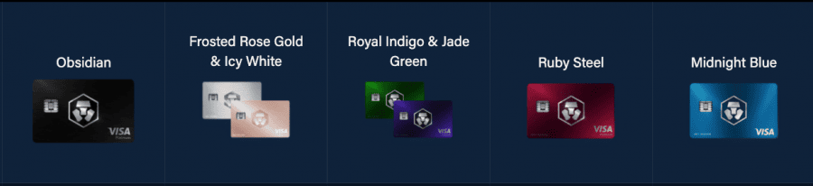 The Crypto.com Visa card tiers, from Midnight Blue and Ruby Steel up to Obsidian