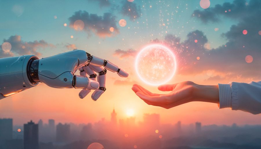 Robot and human hands symbolizing trusted handoffs between AI agents and crypto wallets